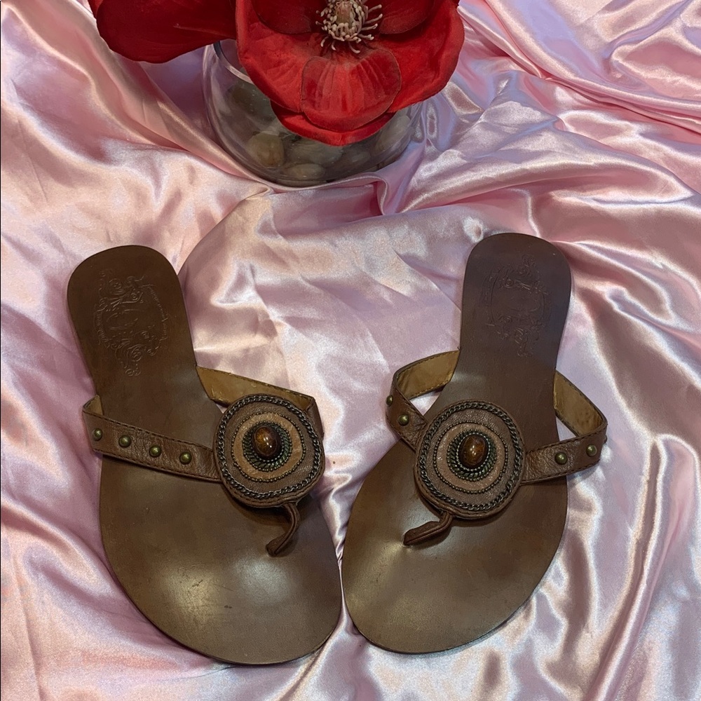 🌹 VINTAGE Nine West • Brown BOHO CHIC Style Leather Flip Flops • Y2K
